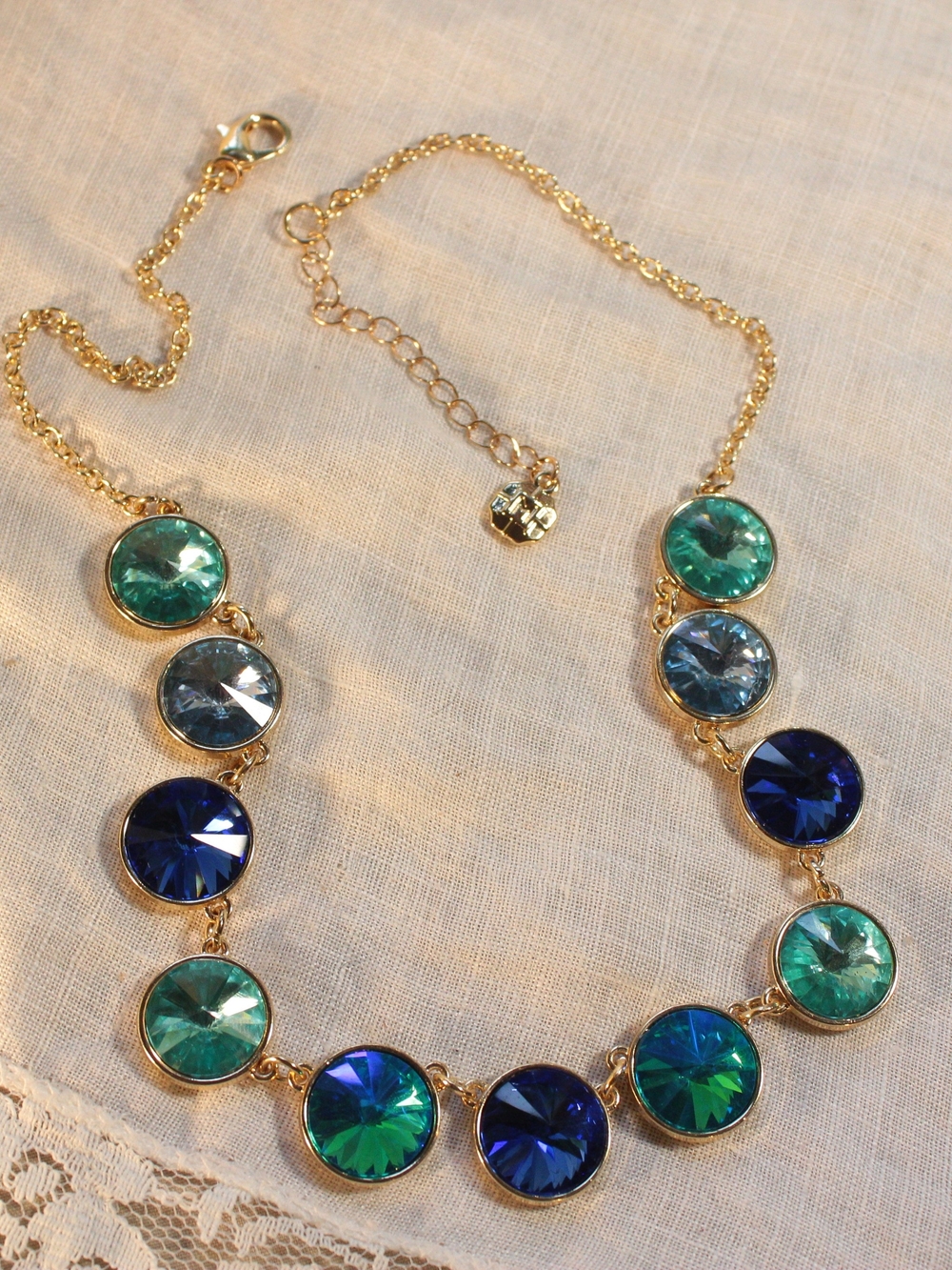 Vintage Monet Blue Green Crystal Statement Necklace Gold-Tone